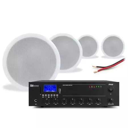 Zestaw białych głośników instalacyjnych 4 x 6.5" CSPB6 100V z wzmacniaczem