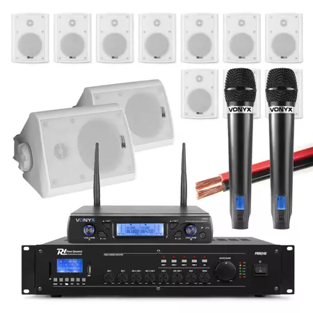 Zestaw białych głośników naściennych 12 x 4" BC40V  z zestawem mikrofonów bezprzewodowych
